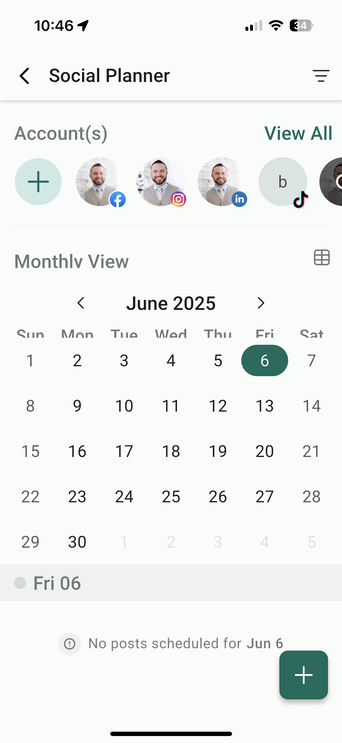 Social media planner interface displaying account icons, monthly calendar view for June 2025, and message indicating no posts scheduled for June 6, emphasizing digital marketing and content scheduling.