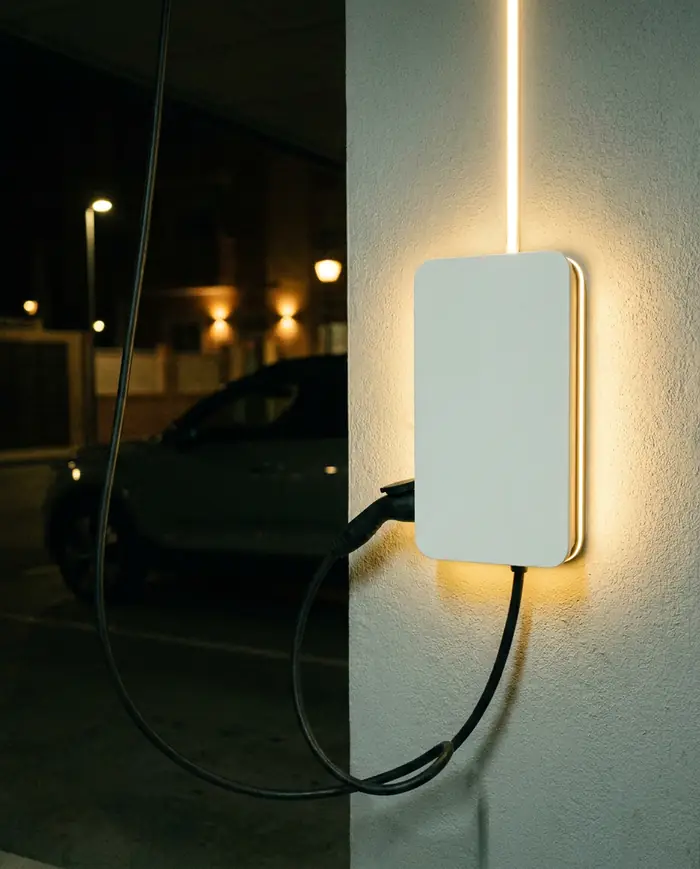 Detalle de un cargador de pared con la luz de estado encendida de noche