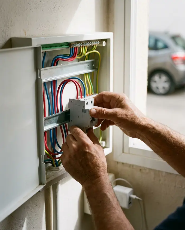 Manos instalando un interruptor automático nuevo en un cuadro eléctrico de vivienda