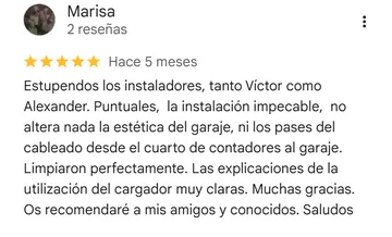 Reseña de Google a Mosal Electric de Marisa, 5 estrellas: «Estupendos los instaladores, tanto Víctor como Alexander. Puntuales, la instalación impecable, no altera nada la estética del garaje, ni los pases del cableado desde el cuarto de contadores al garaje. Limpiaron perfectam»