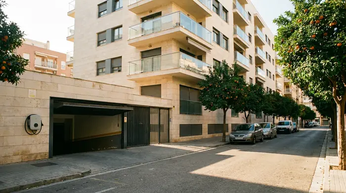 Edificio de pisos con la rampa del garaje subterráneo en una calle soleada de Valencia