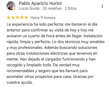 Reseña de Google a Mosal Electric de Pablo Aparicio Hurlot, 5 estrellas: «Le experiencia ha sido perfecta: me llamaron el día anterior para confirmar su visita de hoy y hoy me avisaron un cuarto de hora antes de llegar. Instalación rápida, limpia y perfecta. Lo dos técnicos muy amables y muy p»