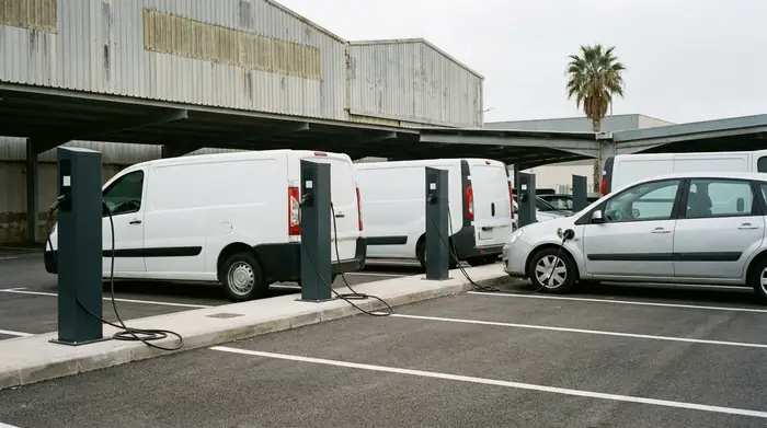 Aparcamiento cubierto de una empresa con cuatro postes de recarga y furgonetas cargando