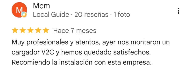 Captura de una reseña de Google a Mosal Electric: Mcm, 5 estrellas, hace 7 meses. «Muy profesionales y atentos, ayer nos montaron un cargador V2C y hemos quedado satisfechos. Recomiendo la instalación con esta empresa.»