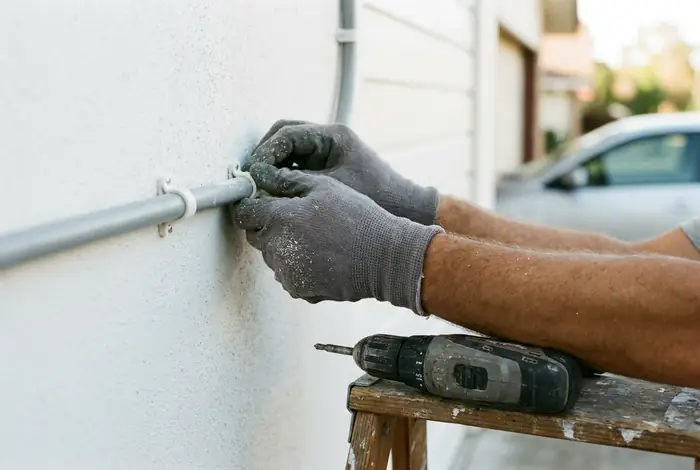 Manos con guantes fijando un tubo eléctrico gris a la pared con abrazaderas