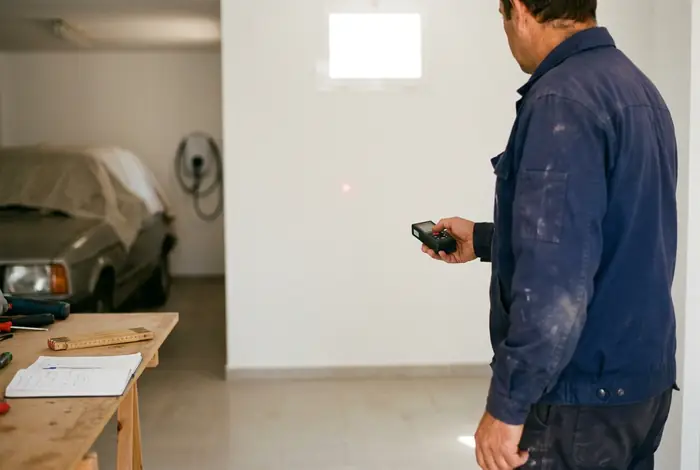 Electricista midiendo con un medidor láser la distancia en un garaje