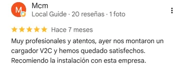 Reseña de Google a Mosal Electric de Mcm, 5 estrellas: «Muy profesionales y atentos, ayer nos montaron un cargador V2C y hemos quedado satisfechos. Recomiendo la instalación con esta empresa.»
