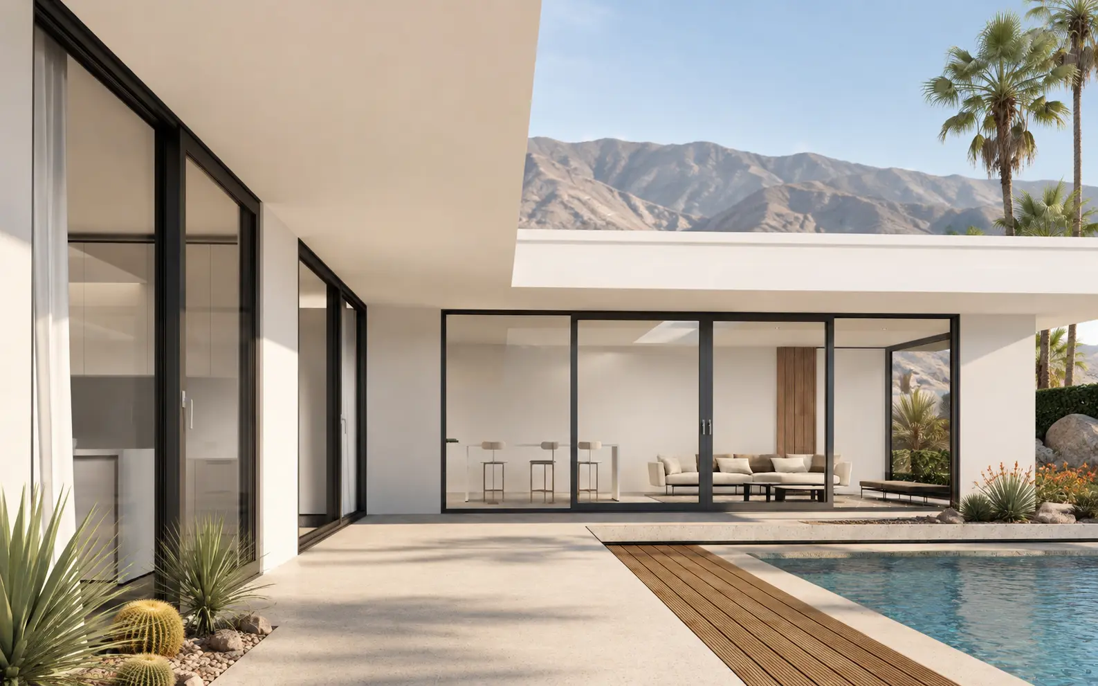 Black-framed sliding glass doors opening from a modern home to a courtyard and pool.
