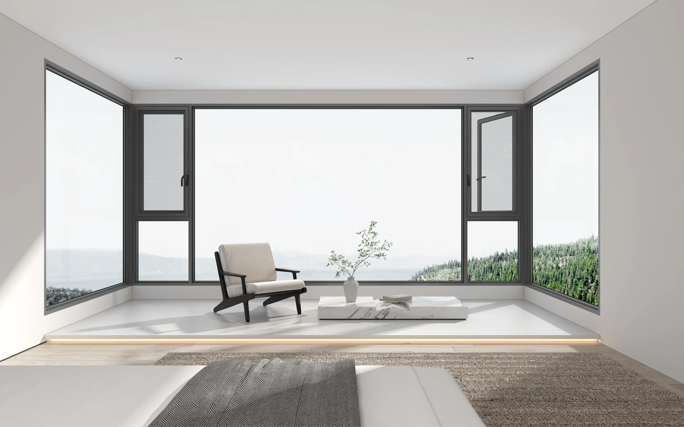 Modern room with large dark-framed corner windows and two operable sections.
