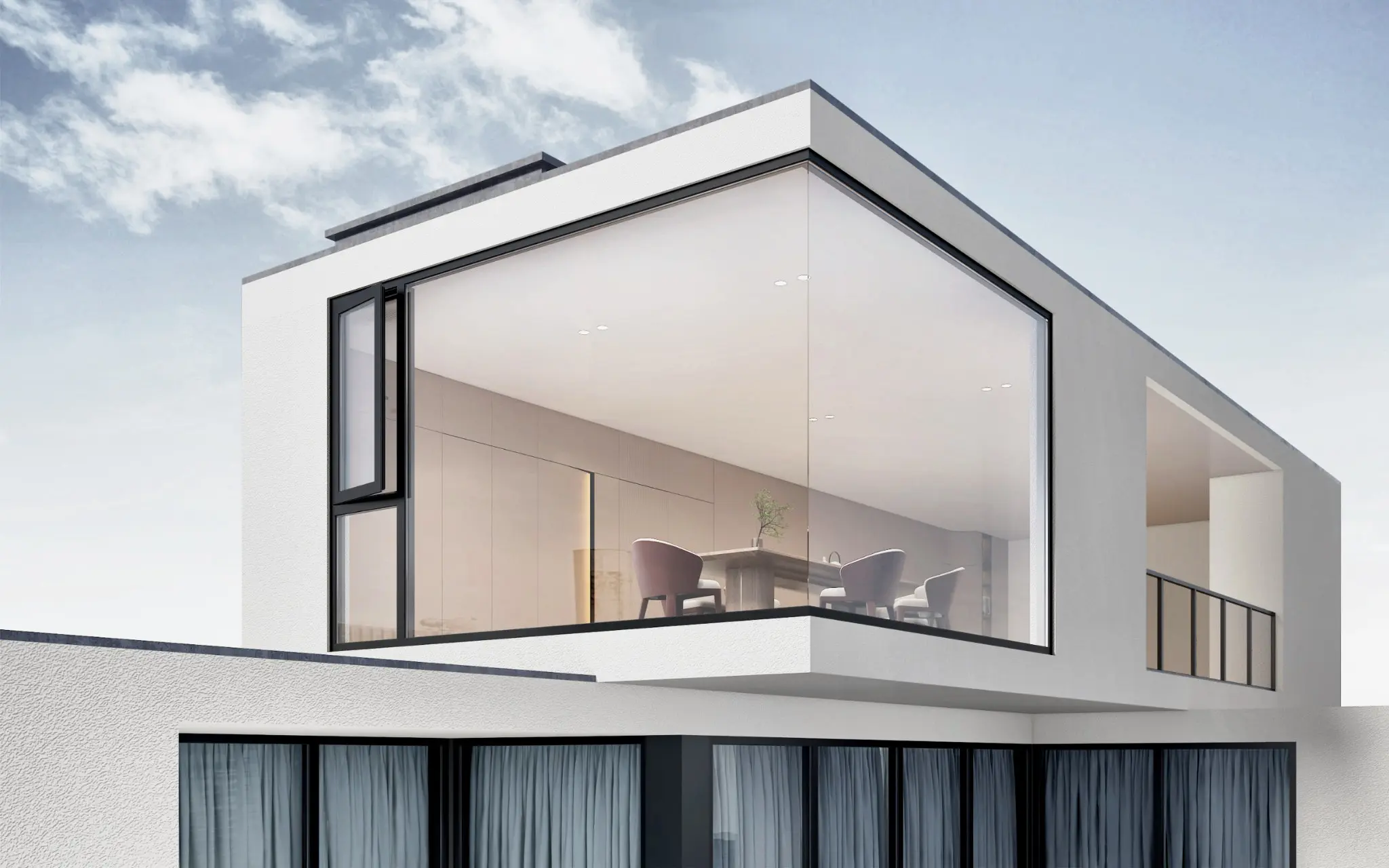 White modern home with a large black-framed upper-level window wall.
