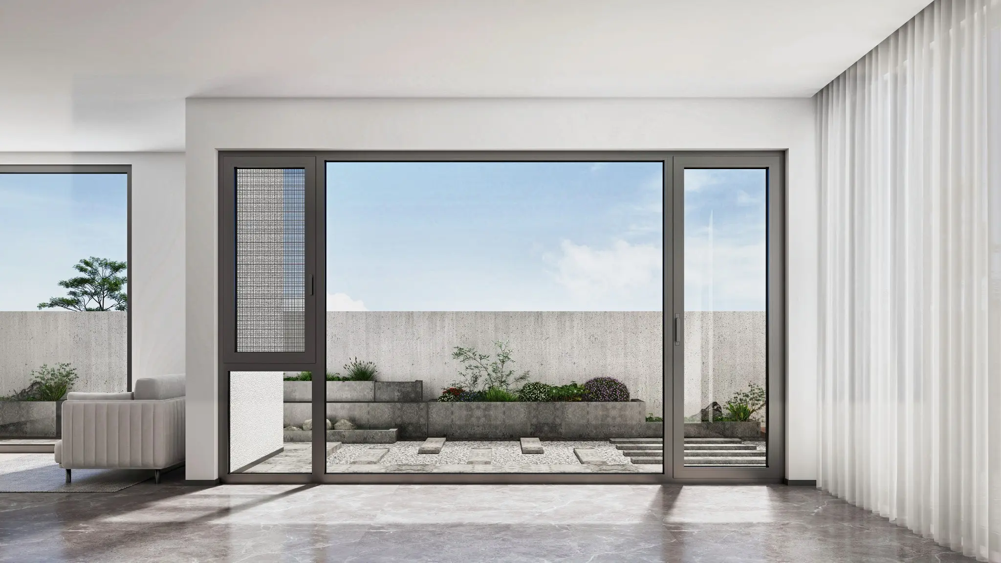 Wide black-framed picture window with narrow side sections facing a courtyard.