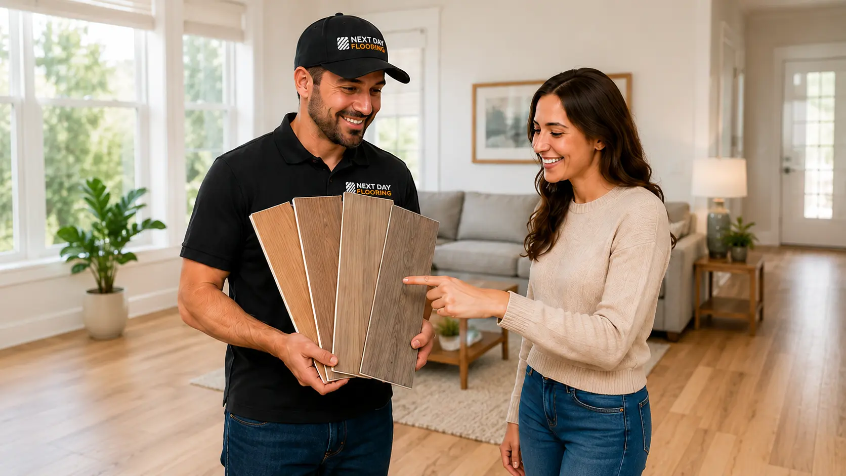 Next Day Flooring specialist showing samples to homeowner