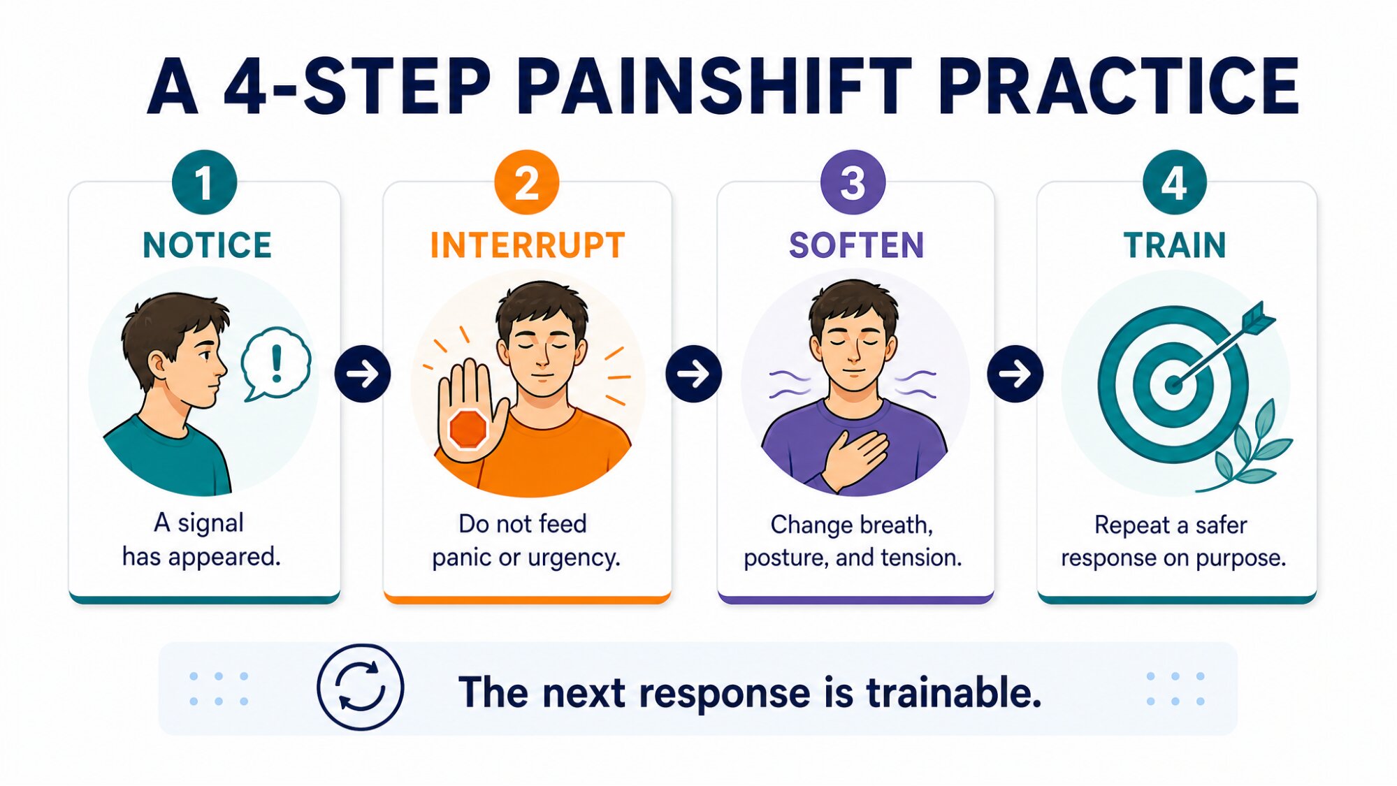 Diagram — A 4-Step PainShift Practice: Notice, Interrupt, Soften, Train