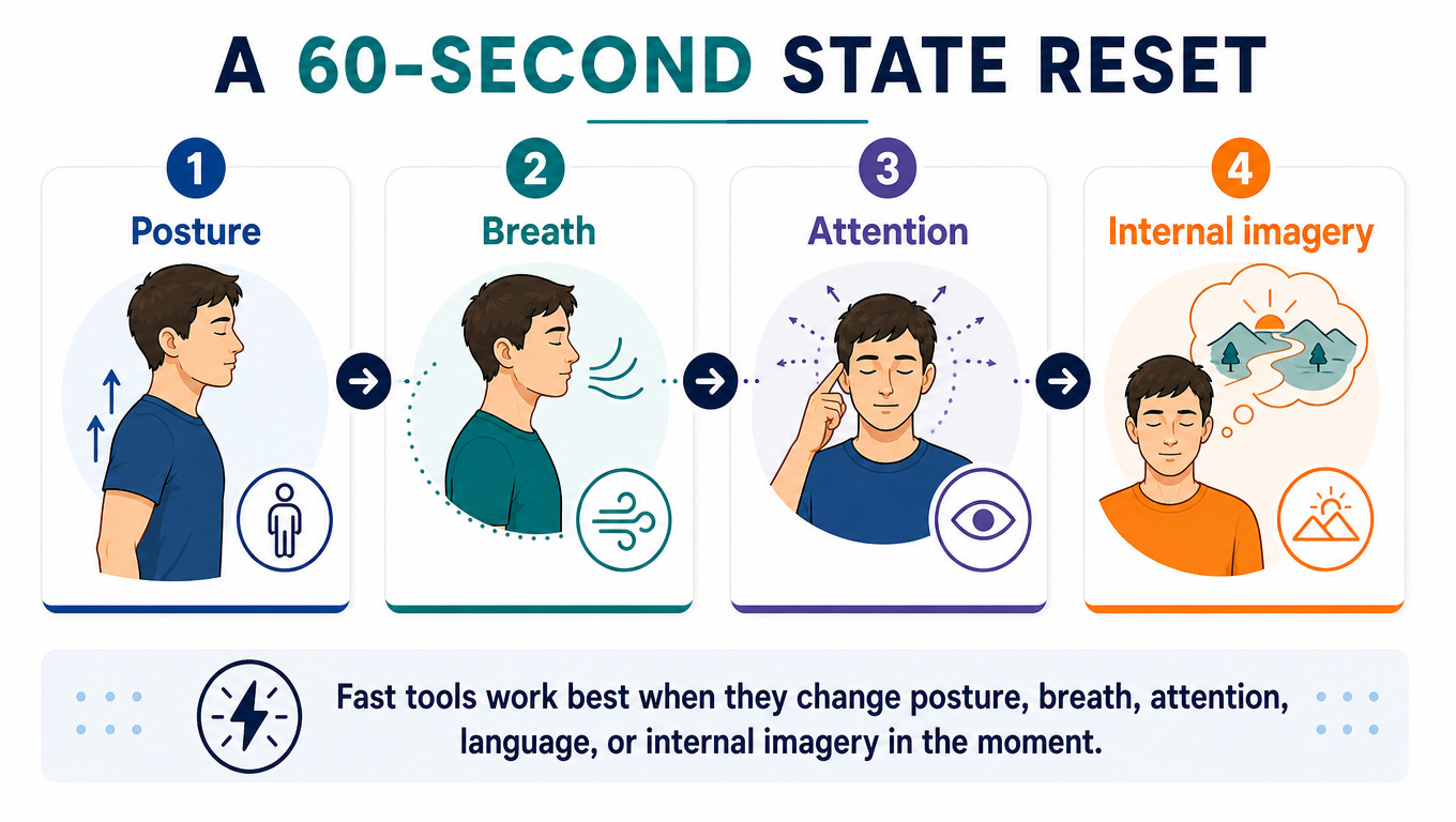 IMAGE 2 PLACEHOLDER: "A 60-Second State Reset" 4-step circular graphic — Posture, Breath, Attention, Internal Imagery