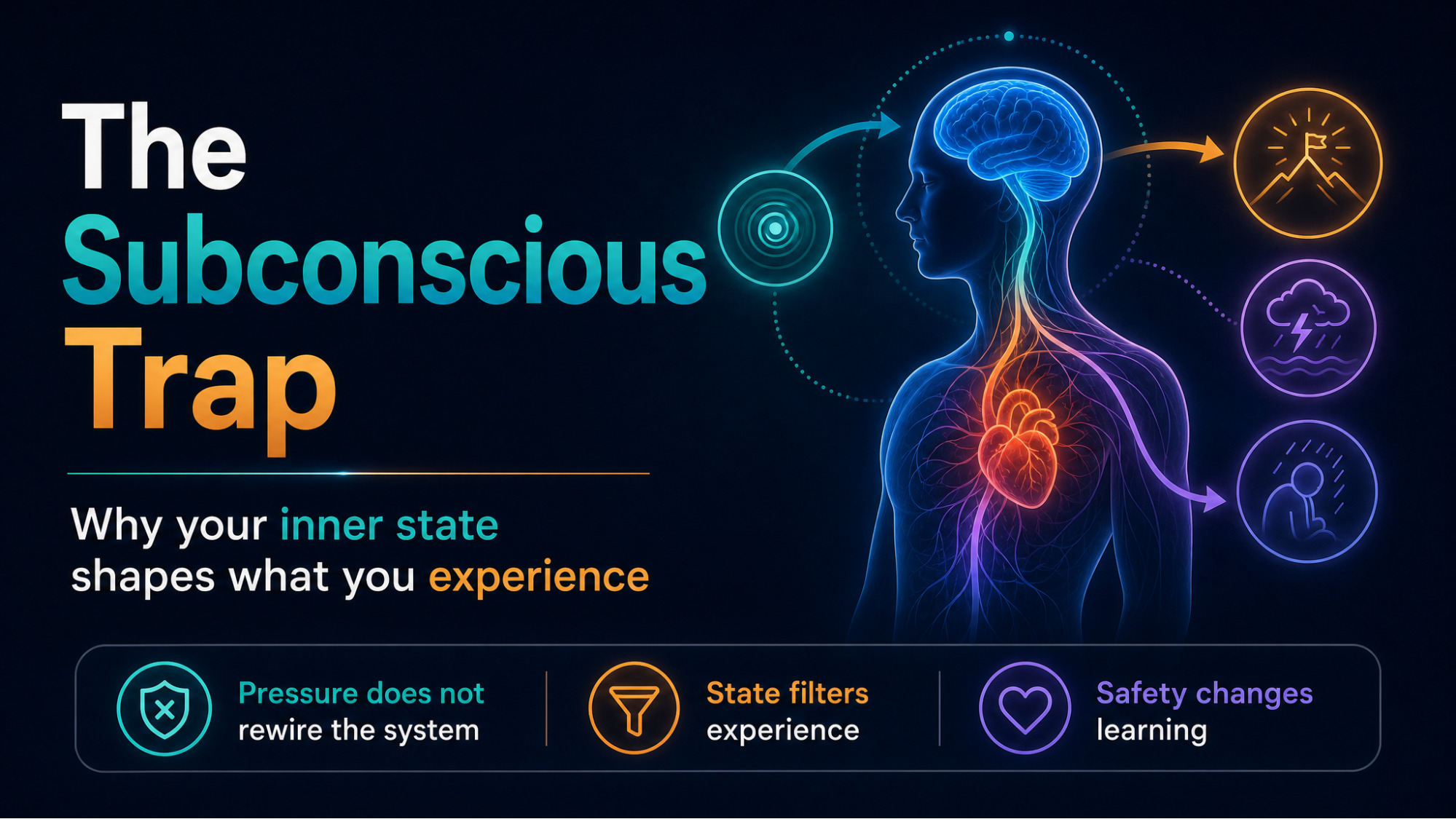HERO BANNER — "The Subconscious Trap — why your inner state shapes what you experience, illustrated with a glowing brain and nervous system graphic"