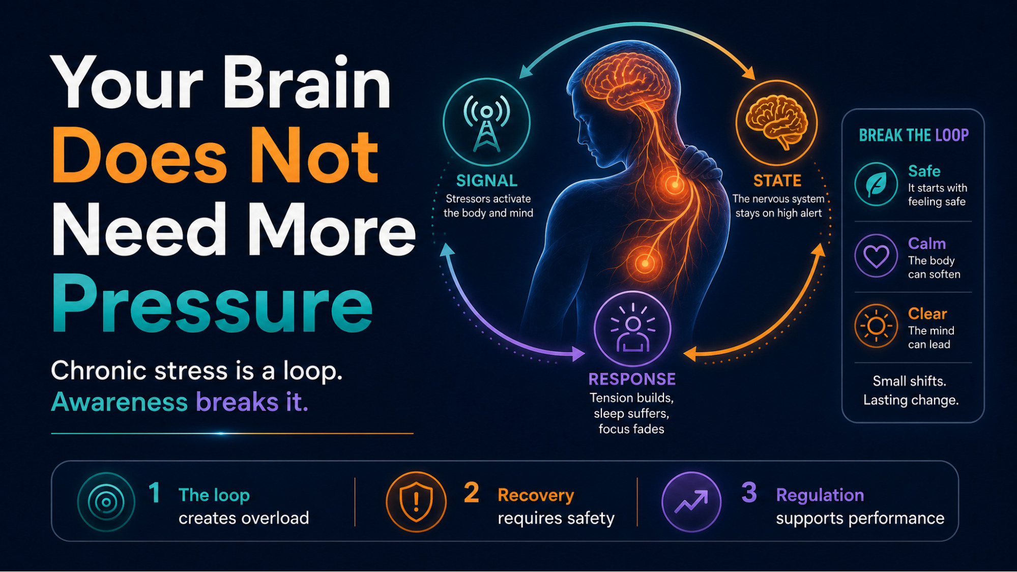 IMAGE SLOT 1 — Hero: Your Brain Does Not Need More Pressure — Infographic showing chronic stress as a loop of signal, state and response, and how safety, calm and clarity break it