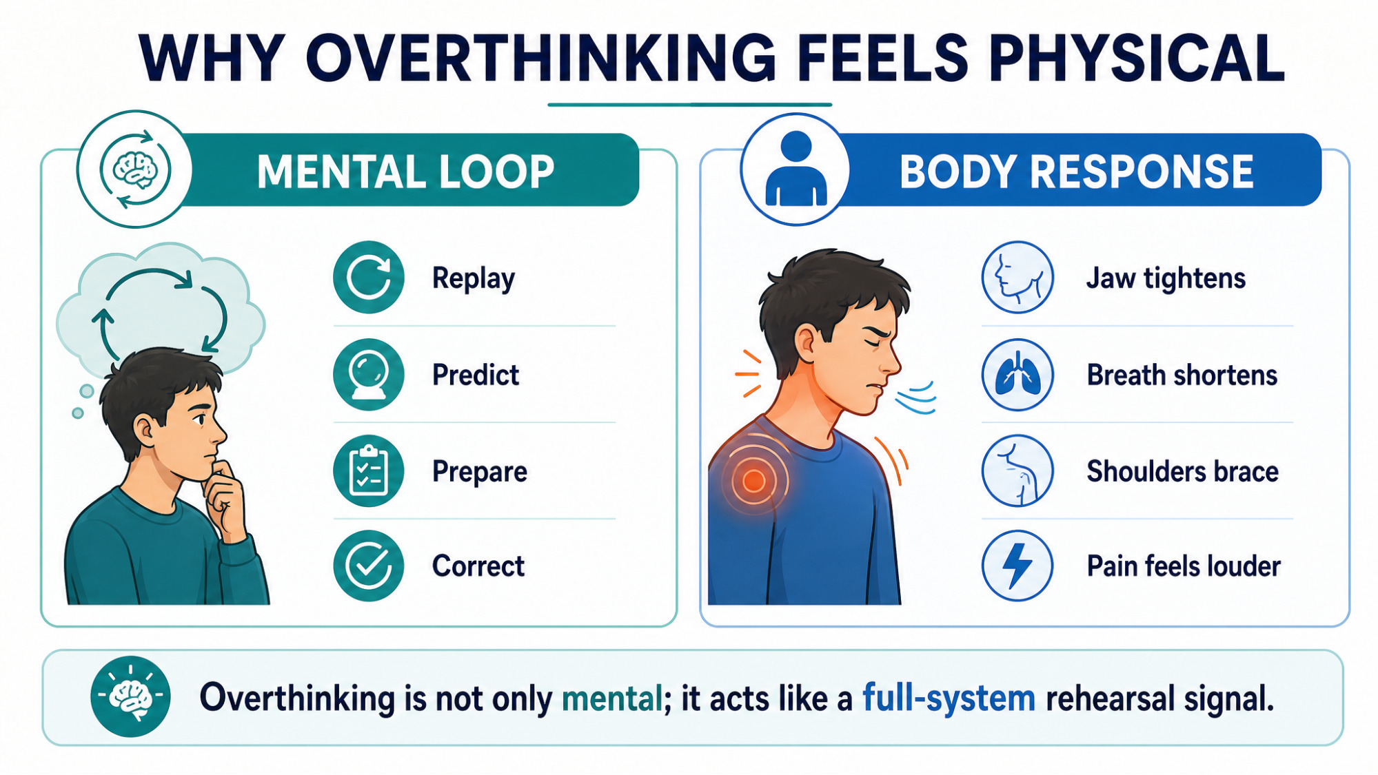 IMAGE SLOT 2 — Why Overthinking Feels Physical — Mental loop of replay, predict, prepare and correct beside the body response: tight jaw, short breath, braced shoulders