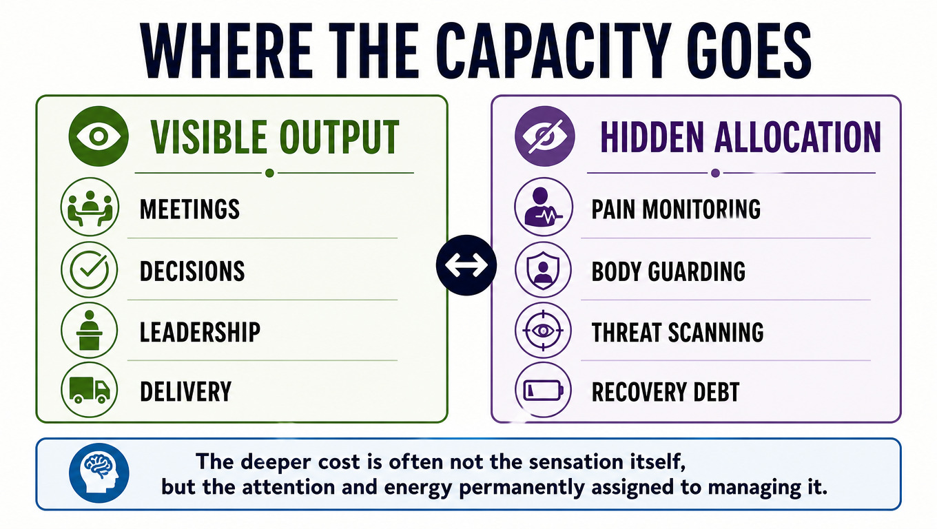 IMAGE SLOT 2 — Visible Output vs Hidden Allocation — Two-column diagram comparing visible work output with hidden pain-related capacity allocation