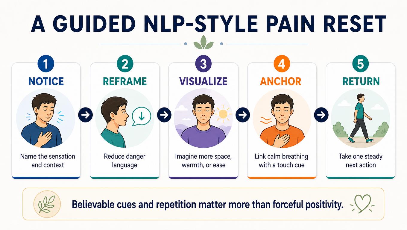 IMAGE SLOT 3 — The Five-Step Reset — Five-step NLP-style pain reset: notice, reframe, visualize, anchor, and return