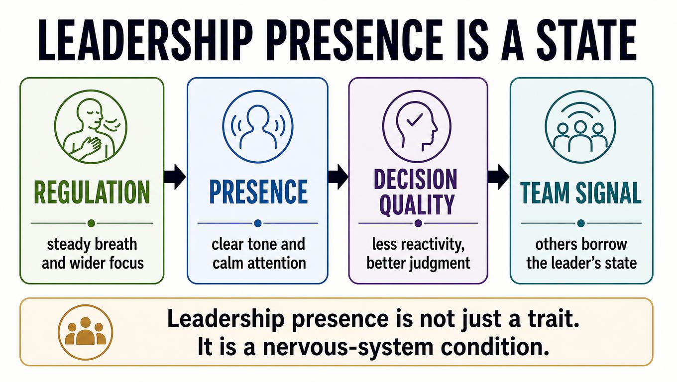 IMAGE SLOT 2 — The Leadership-State Diagram — Four-part diagram linking nervous-system regulation to leadership presence, decision quality, and team signal