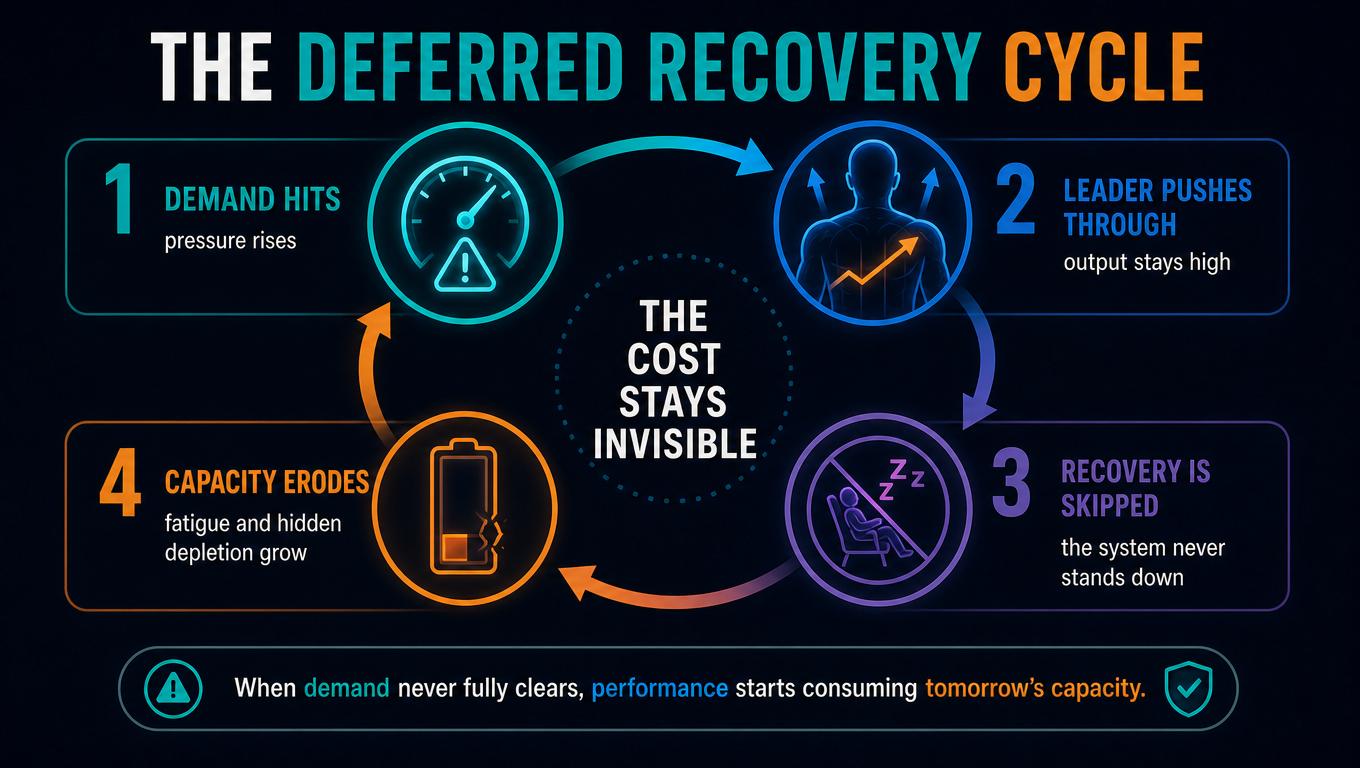 IMAGE SLOT 3 — The Deferred Recovery Loop — Loop diagram of demand, push-through, skipped recovery, and eroding leadership capacity