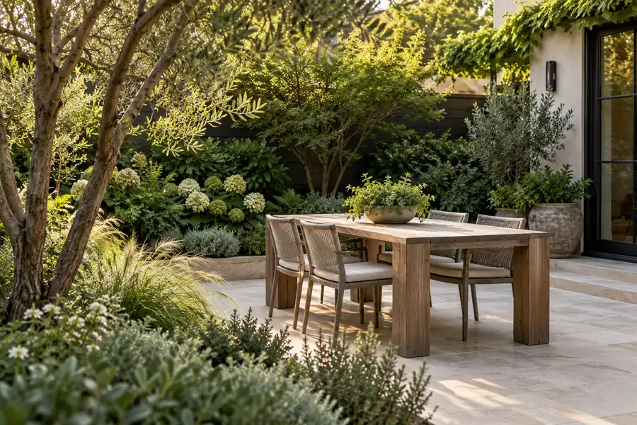 Illustrative dining terrace with pale stone paving, a timber table and layered garden planting.