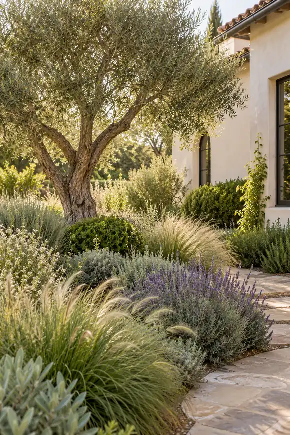 Illustrative garden with an olive tree, layered grasses and purple flowers beside a stone path.
