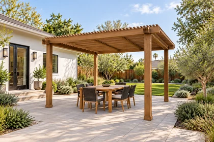 Imagined outdoor dining area beneath a timber pergola, with a paved terrace and planted borders.