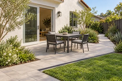 Imagined paver dining patio connected to the house and garden path, with planted borders and a linear drain.