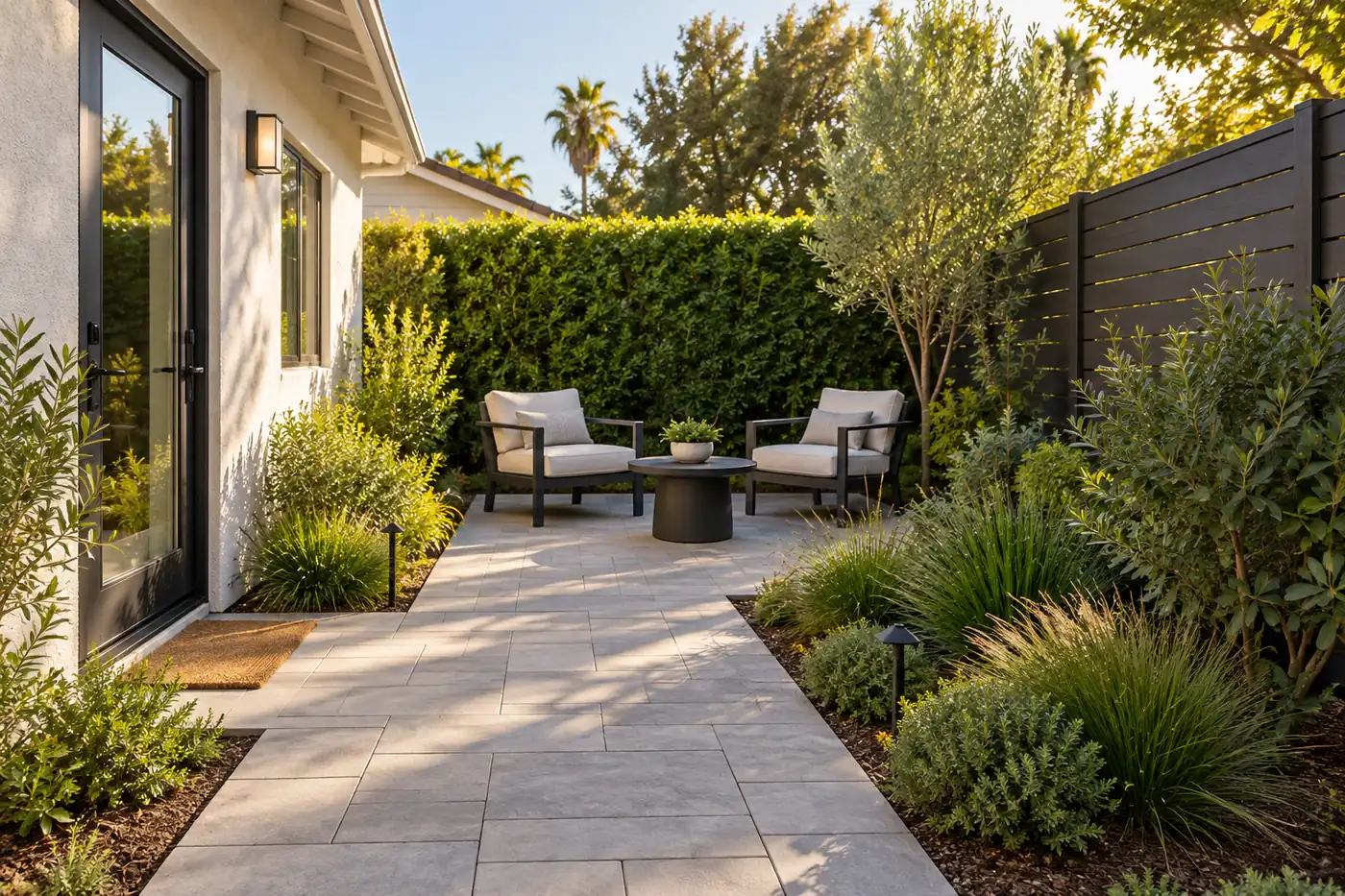 Imagined private small yard with a paved sitting area, planted boundaries and a screened edge.