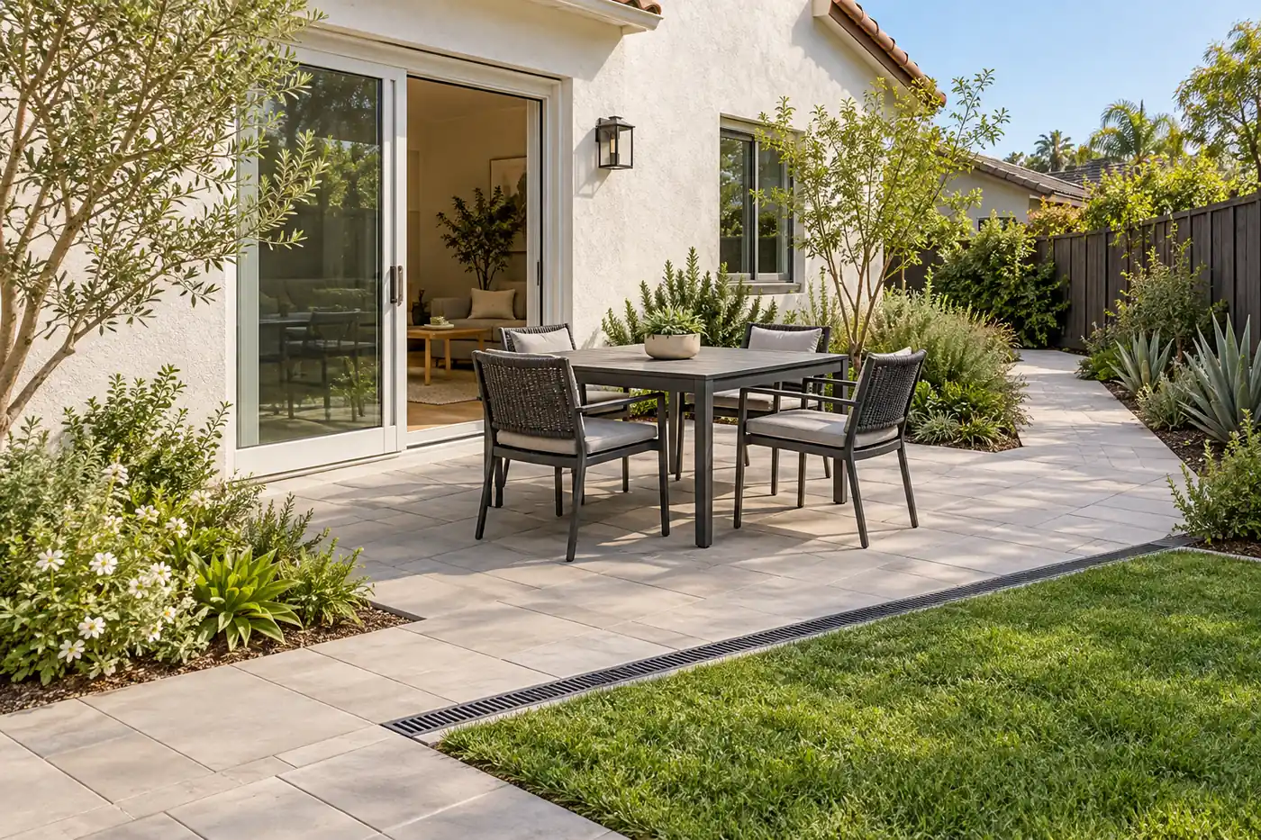 Illustrative garden concept with a paver dining patio, planted borders and a clear side path.