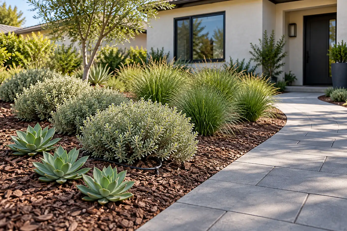 Imagined low-growing planting in a mulched bed beside a curved paved entrance path.