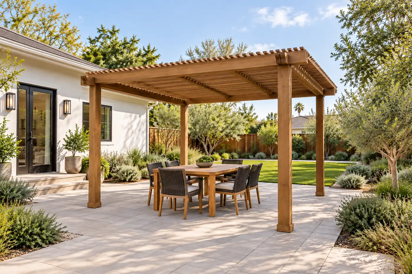Imagined outdoor dining space beneath a timber pergola, with paved circulation and planted borders.