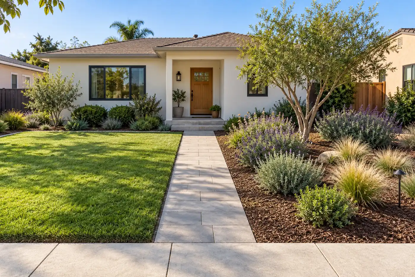 Imagined front yard with distinct lawn and waterwise planting zones beside a clear paver entrance path.
