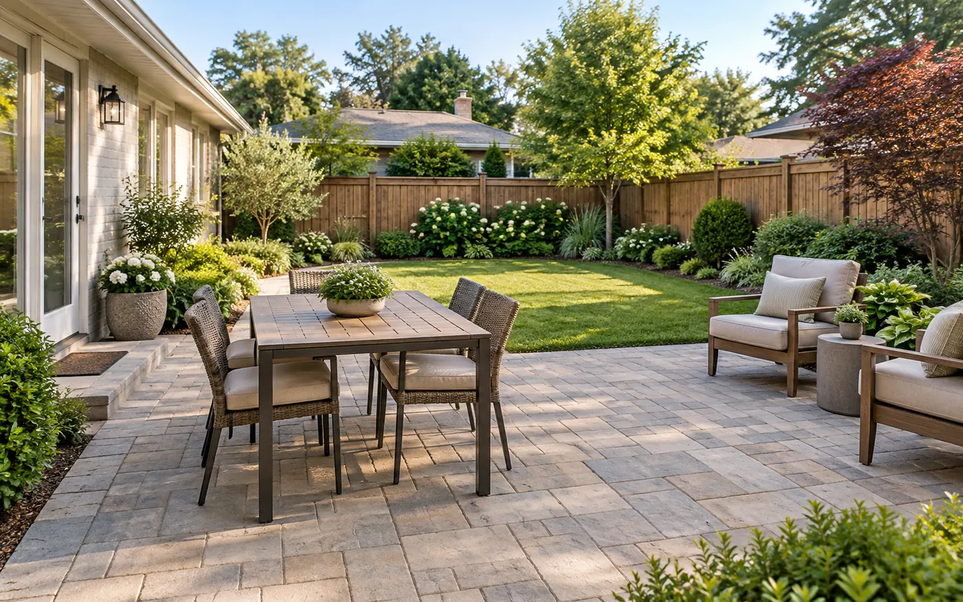 Imagined backyard with a paver dining patio, small lawn and planted borders.
