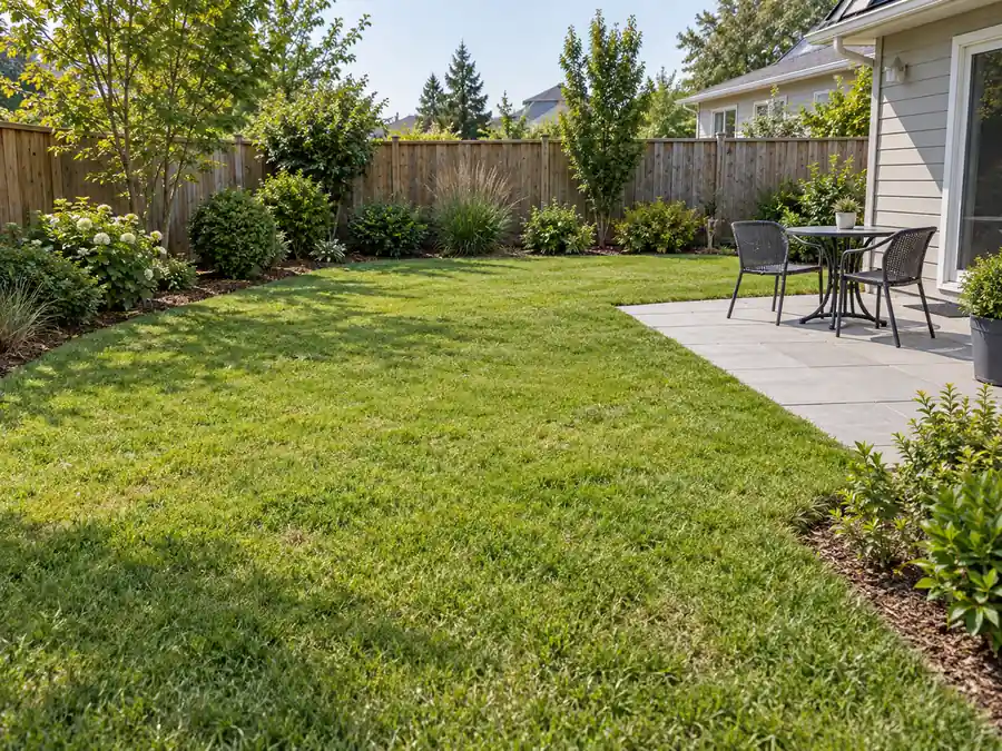 Imagined everyday yard with seating and maintained planting.