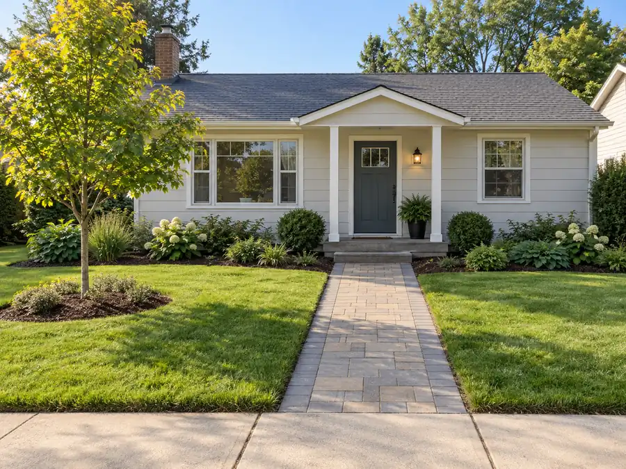 Imagined front yard with a direct entrance path and defined planting beds.