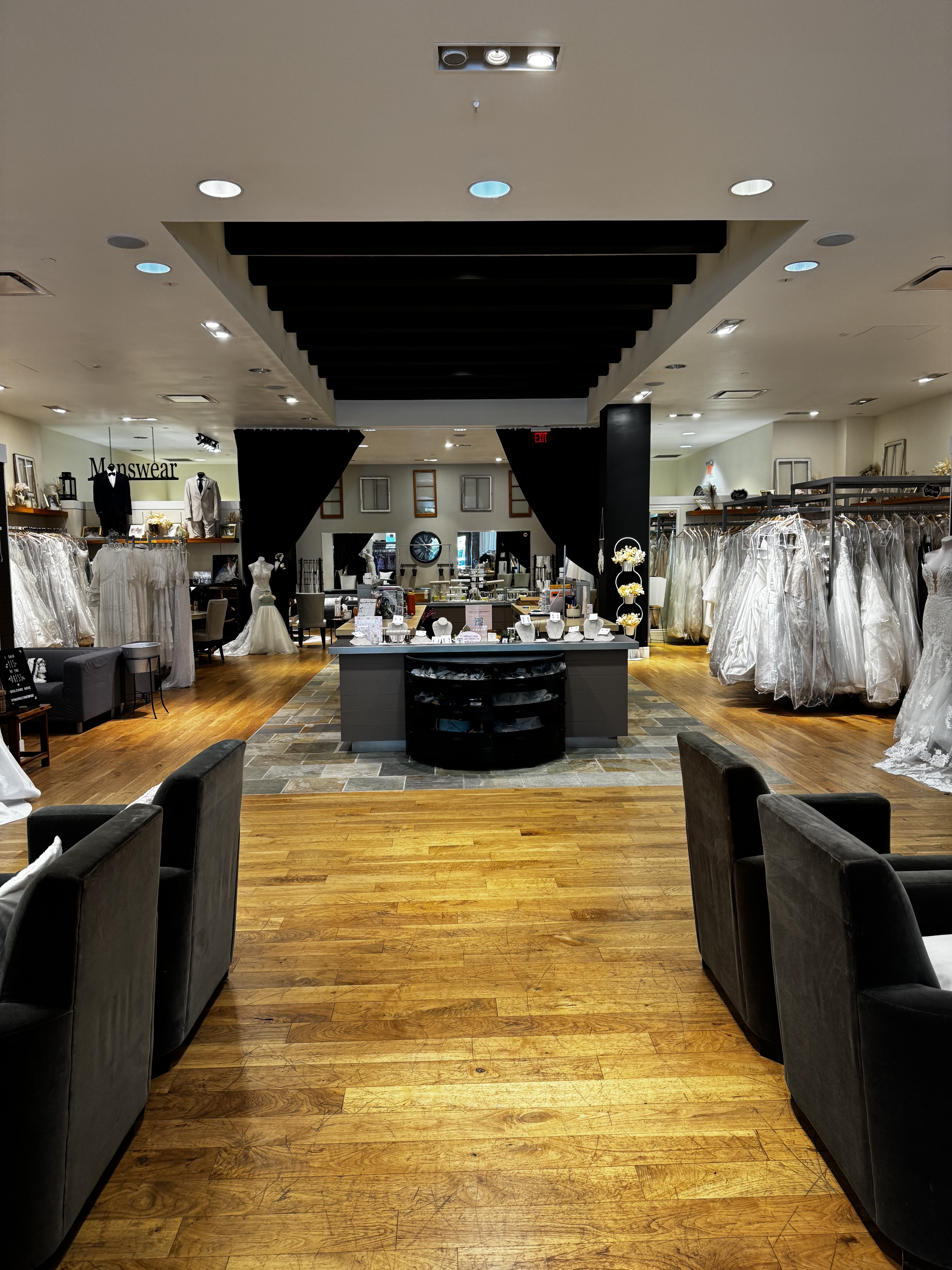 Inside Boulevard Bride bridal boutique showroom in Lake St. Louis