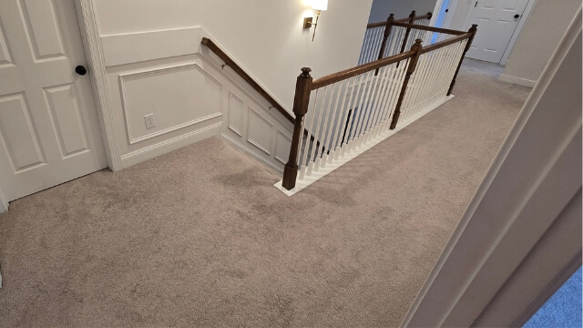 Newly installed carpet flooring in a Raleigh NC home by Atlas Flooring & Design