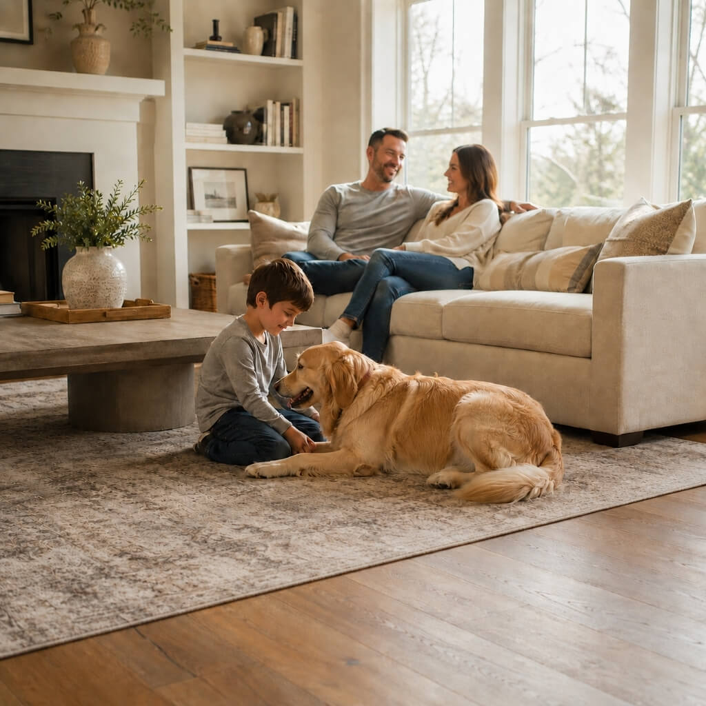 Family and golden retriever relaxing on warm hardwood flooring in a Raleigh living room by Atlas Flooring & Design