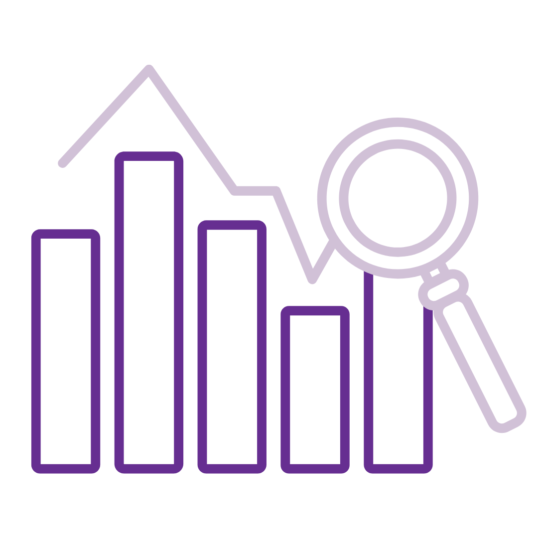 purple bar graph with magnifying glass
