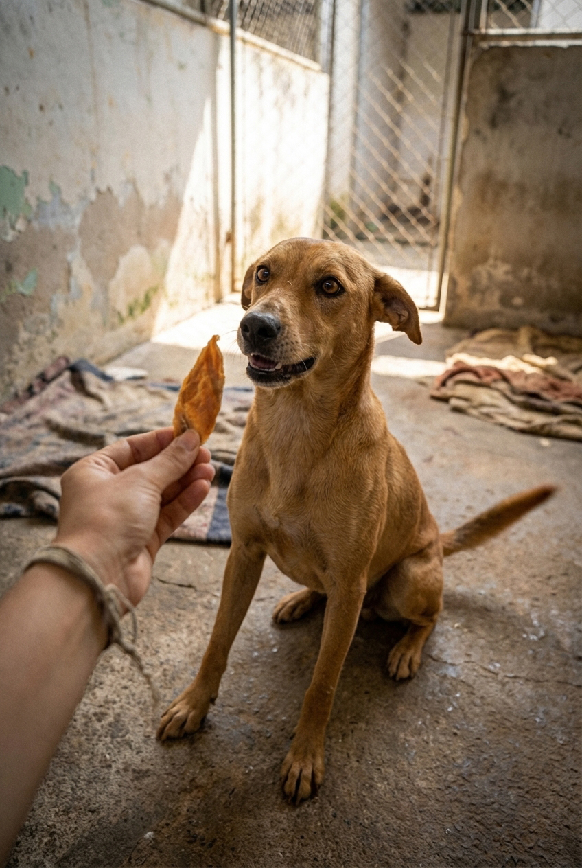 Cão de abrigo recebendo um Mimo