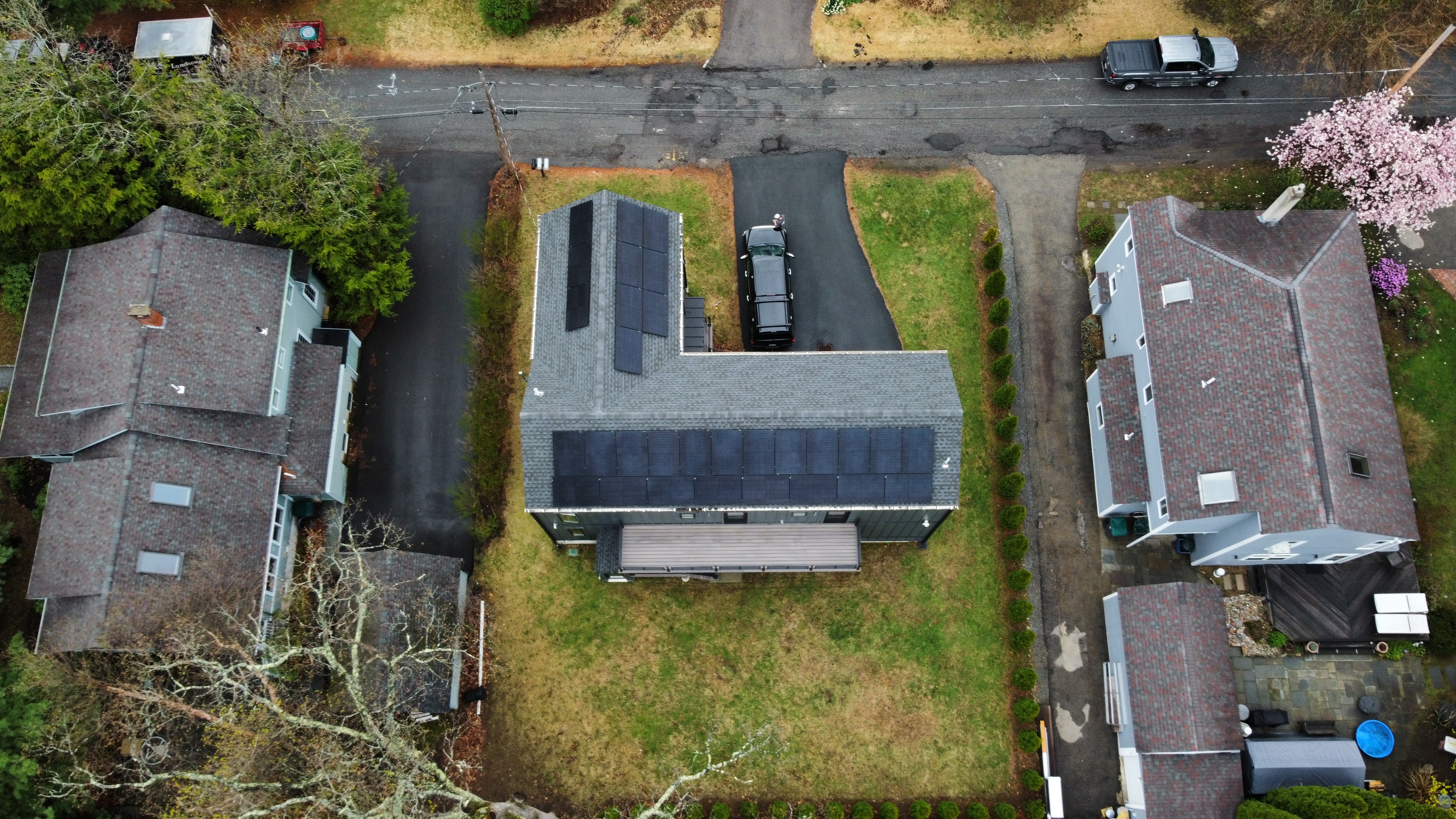 Aerial view of a completed residential solar installation in Massachusetts