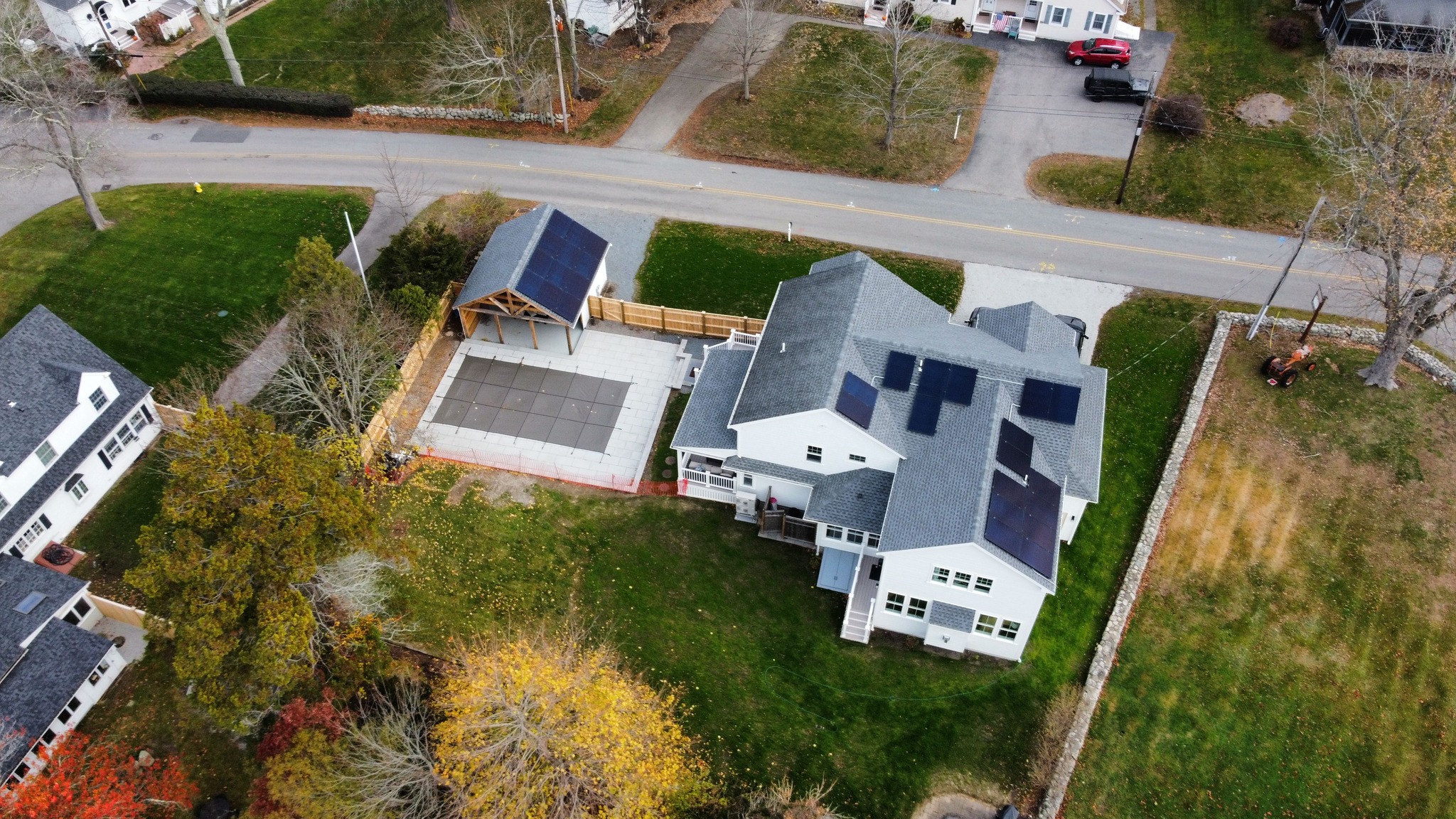 Aerial view of a Solar Dave residential solar installation with detached structure