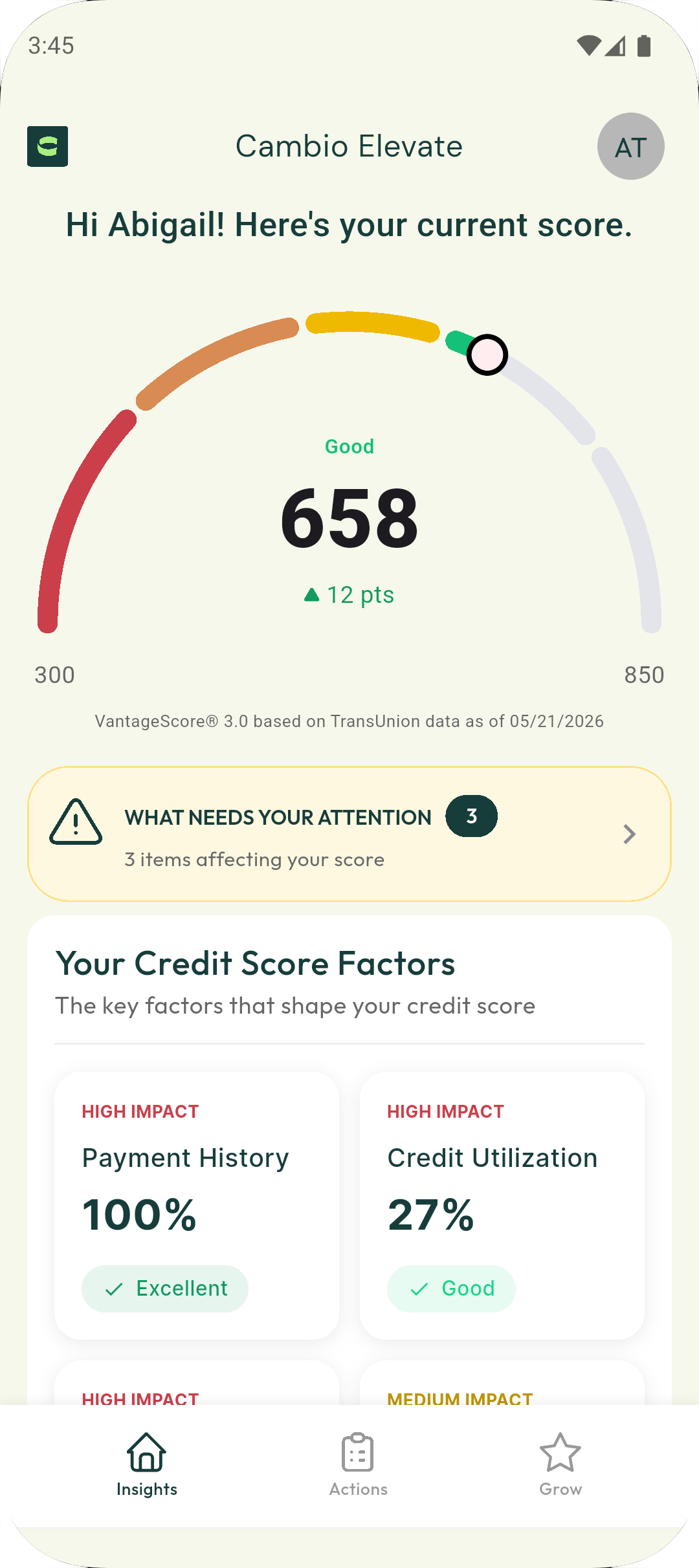 Cambio Elevate app showing your credit score and what's on your report