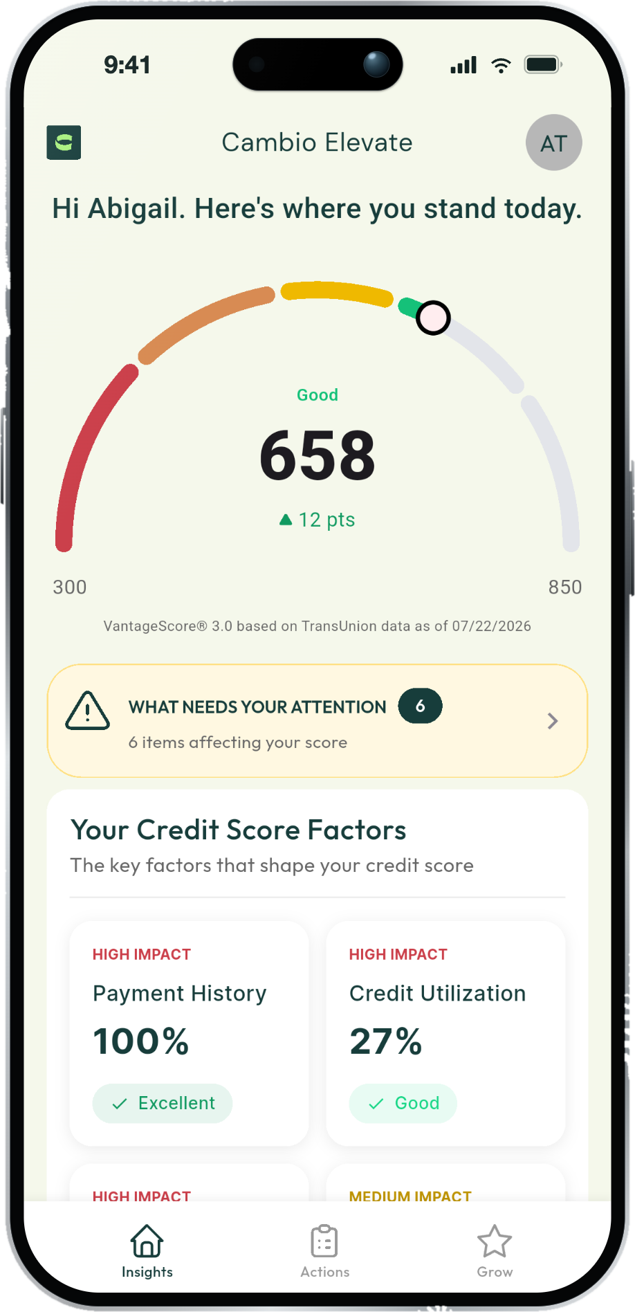 Cambio Elevate app showing your credit score and what's on your report