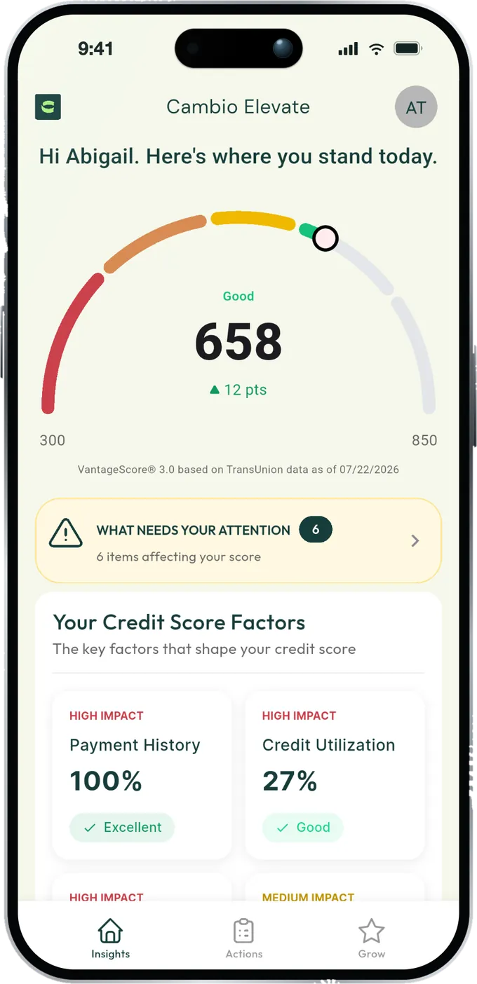 Cambio Elevate app showing your credit score and what's on your report