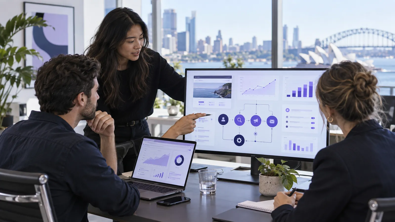 Digital strategy team reviewing connected website, search, campaign, CRM and automation services