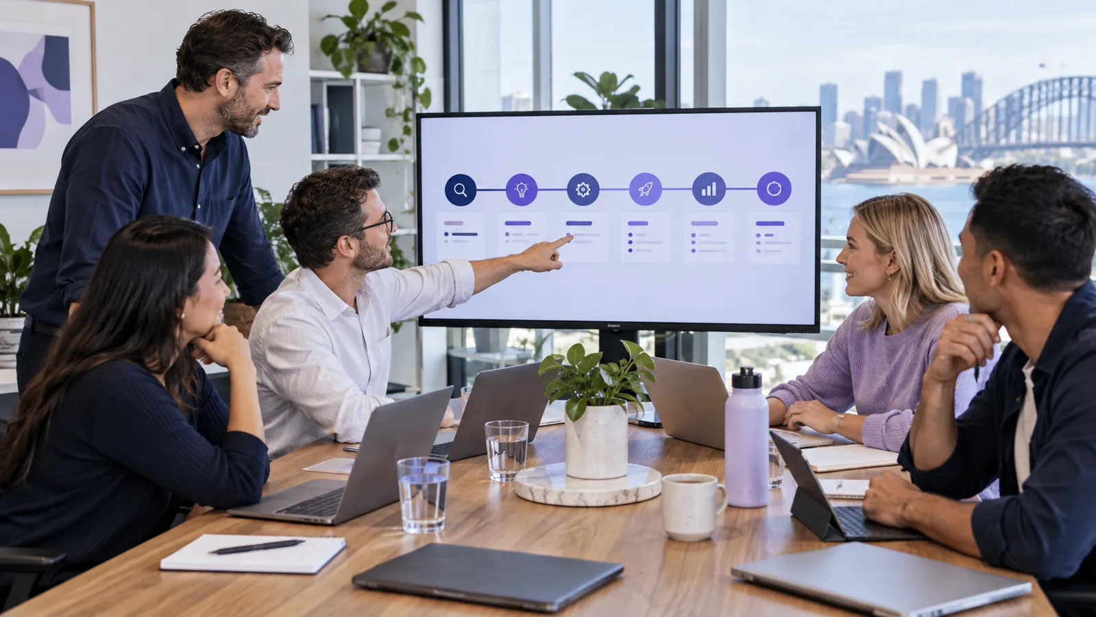 Digital agency team and business client reviewing an organised marketing process