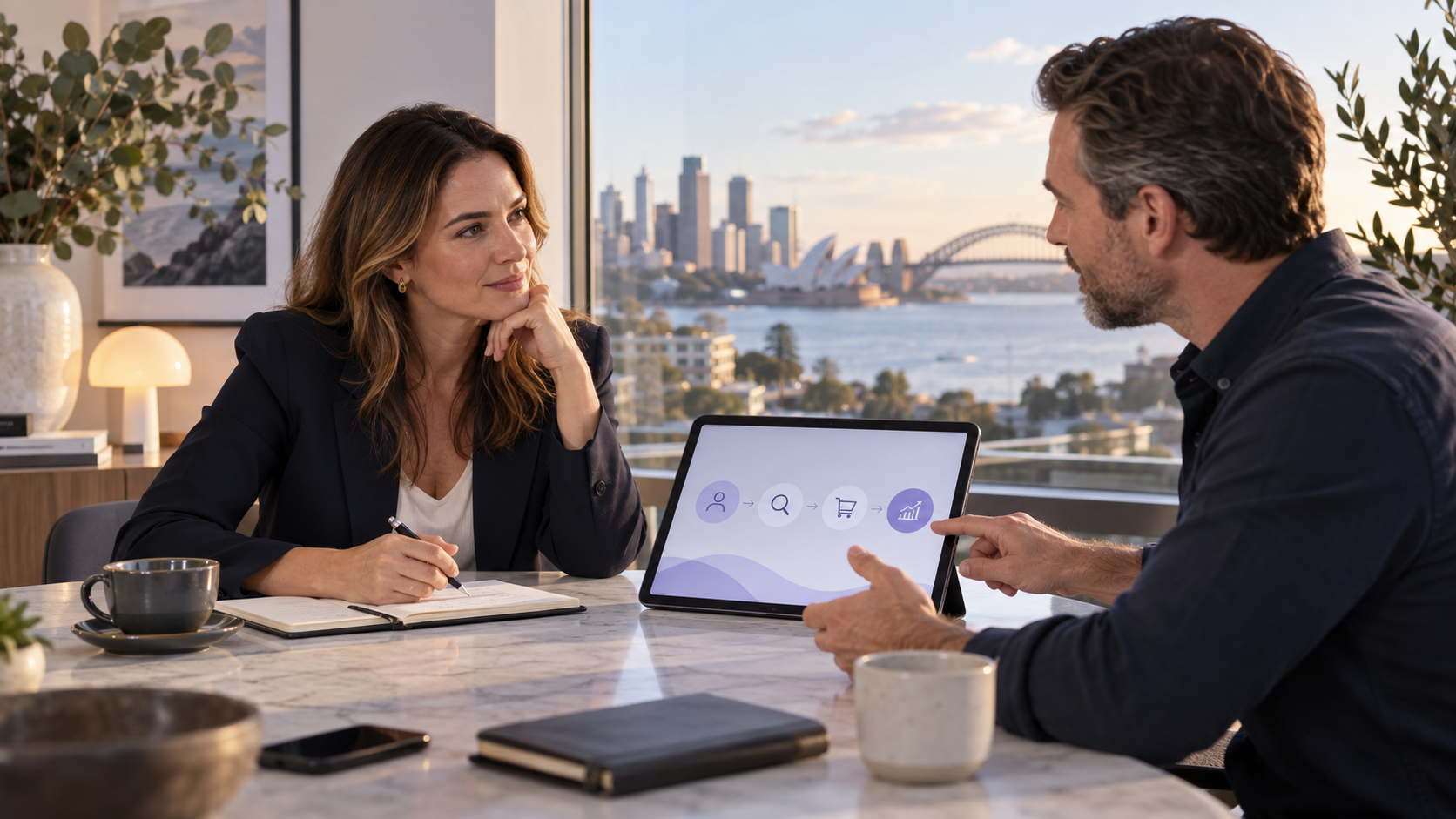 Digital advisor and business owner discussing goals and the clearest next step
